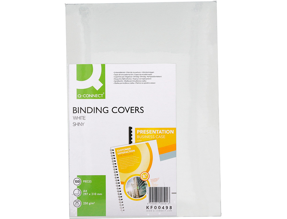 COUVERTURE Q-CONNECT CARTON 250G GRAIN CUIR POUR RELIURE FORMAT A4 COLORIS BLANC BRILLANT PAQUET 100 UNITÉS