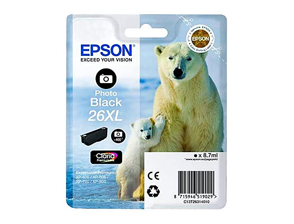 CARTOUCHE EPSON T2631 JET D'ENCRE C13T26314010 COULEUR NOIR PHOTO HAUTE CAPACITÉ 400P