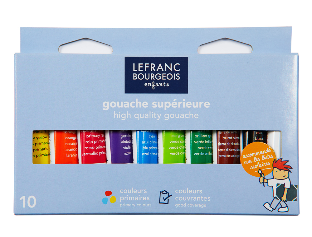 GOUACHE LEFRANC BOURGEOIS SANS COMPOSANTS TOXIQUES BOÎTE PEGBOARDABLE 10 TUBES 10ML