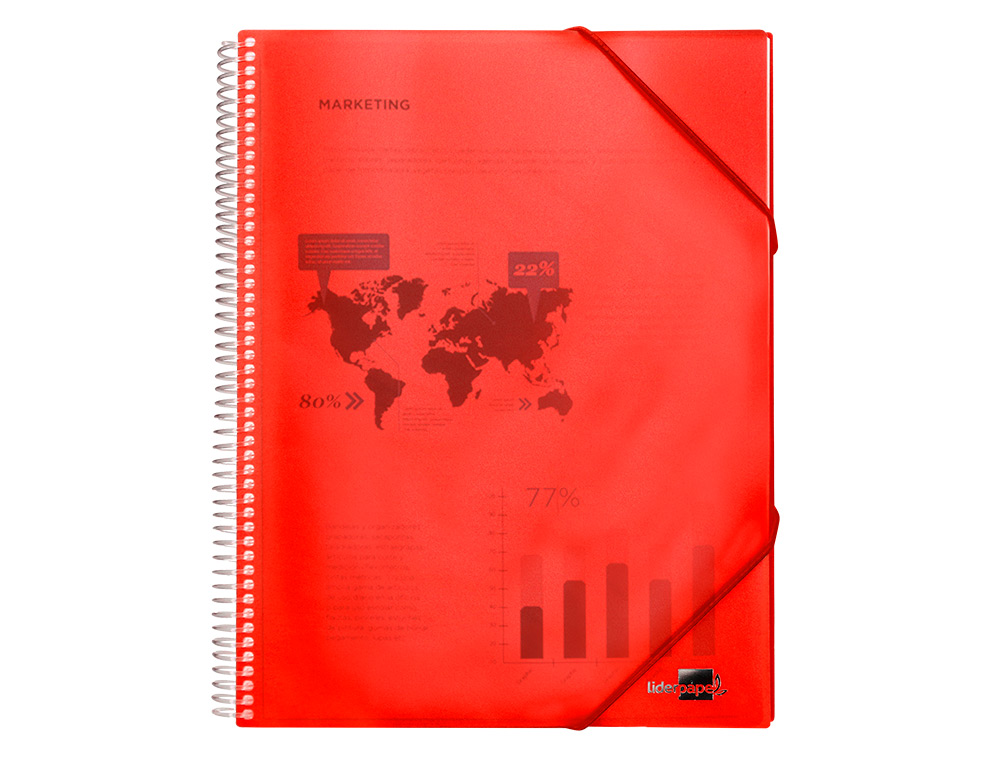 PROTÈGE-DOCUMENTS LIDERPAPEL POLYPROPYLÈNE COUVERTURE RIGIDE SPIRALE 10 POCHETTES FIXES A4 210X297MM COLORIS ROUGE