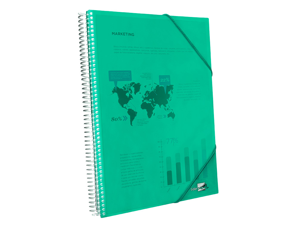 PROTÈGE-DOCUMENTS LIDERPAPEL POLYPROPYLÈNE COUVERTURE RIGIDE SPIRALE 40 POCHETTES FIXES A4 210X297MM COLIRIS VERT