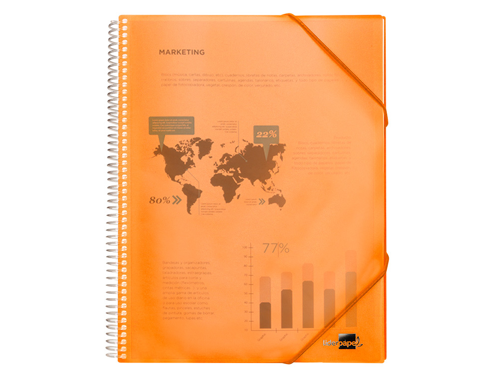 PROTÈGE-DOCUMENTS LIDERPAPEL POLYPROPYLÈNE COUVERTURE RIGIDE SPIRALE 60 POCHETTES FIXES A4 210X297MM COLORIS ORANGE