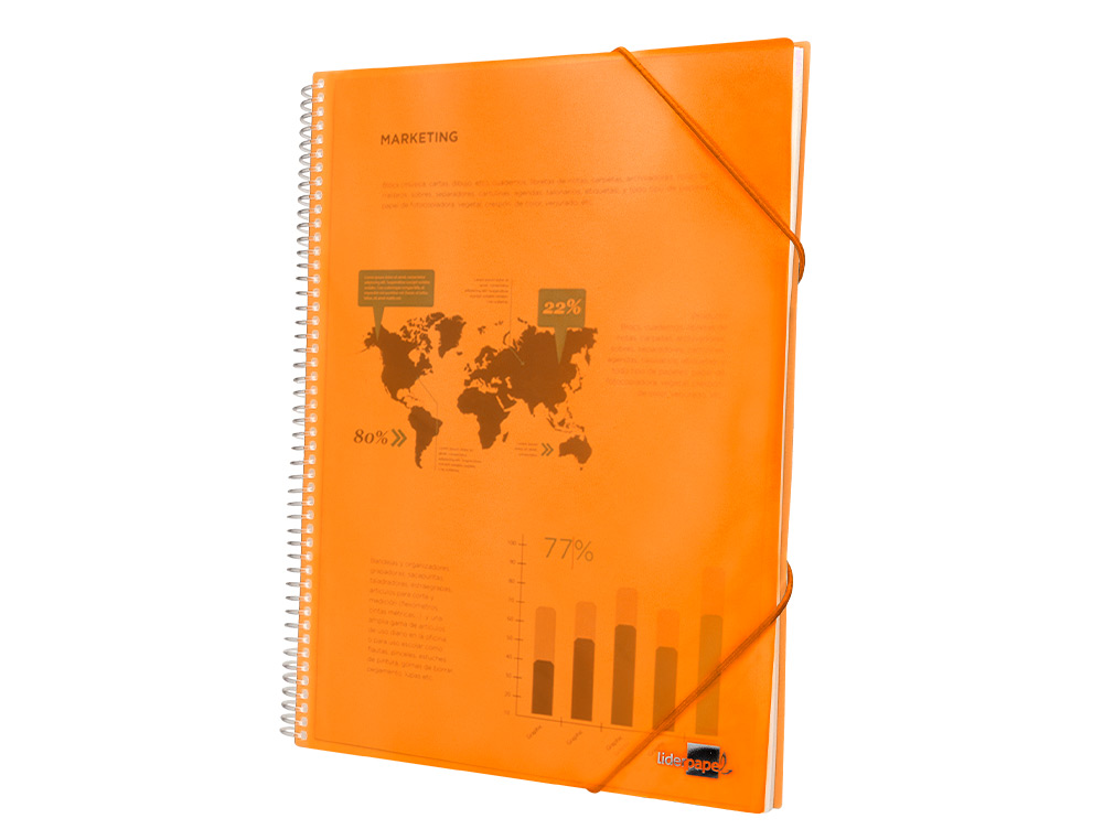 PROTÈGE-DOCUMENTS LIDERPAPEL POLYPROPYLÈNE COUVERTURE RIGIDE SPIRALE 60 POCHETTES FIXES A4 210X297MM COLORIS ORANGE