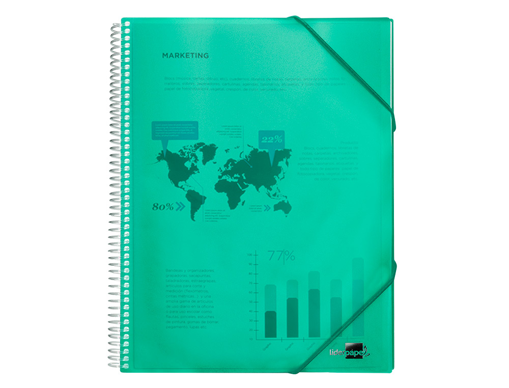PROTÈGE-DOCUMENTS LIDERPAPEL POLYPROPYLÈNE COUVERTURE RIGIDE SPIRALE 80 POCHETTES FIXES A4 210X297MM COLORIS VERT