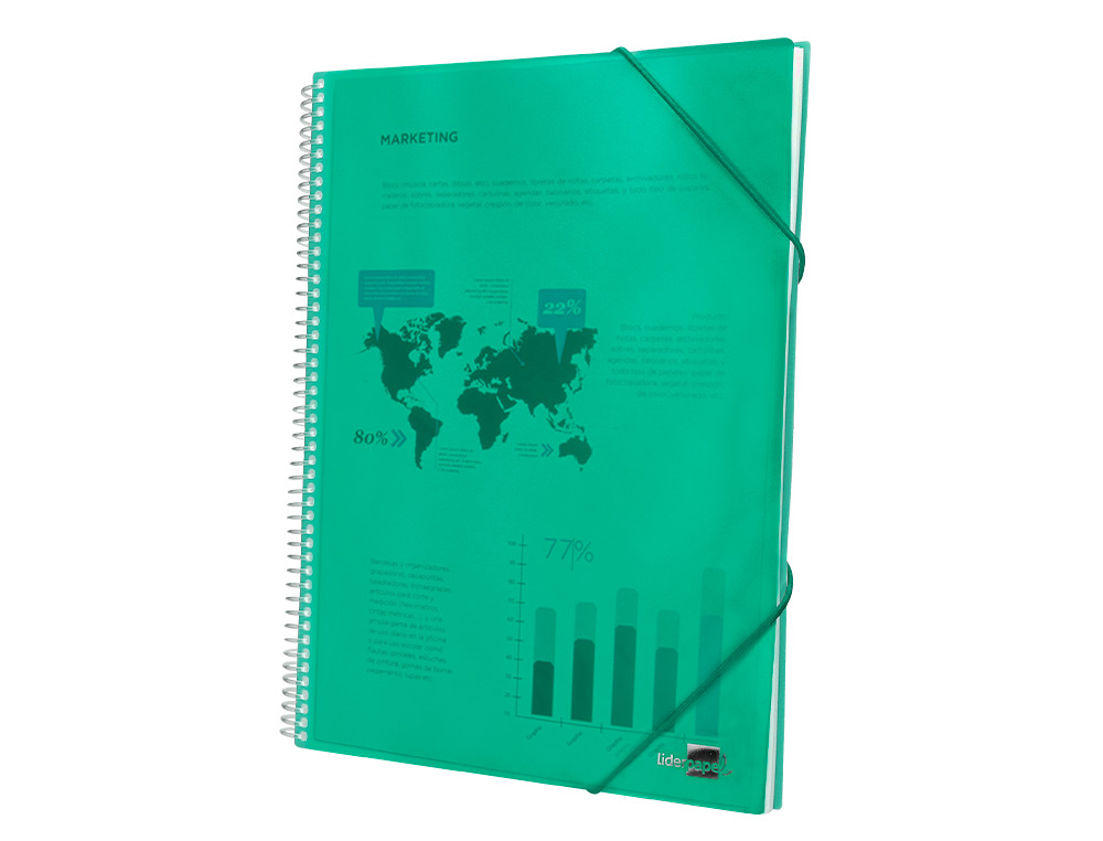 PROTÈGE-DOCUMENTS LIDERPAPEL POLYPROPYLÈNE COUVERTURE RIGIDE SPIRALE 80 POCHETTES FIXES A4 210X297MM COLORIS VERT