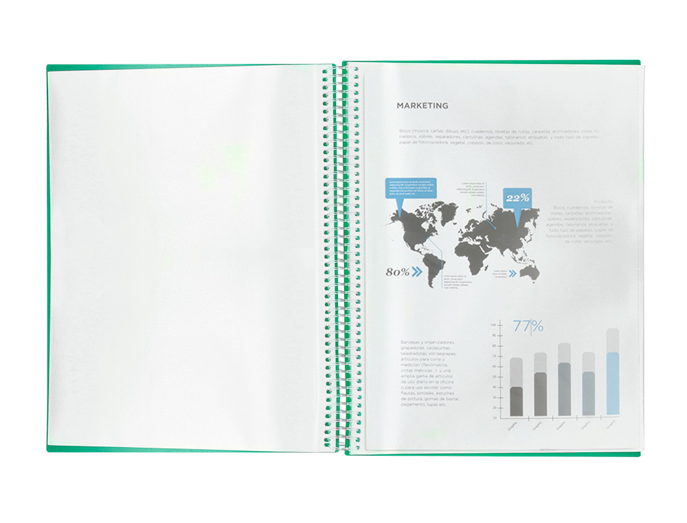PROTÈGE-DOCUMENTS LIDERPAPEL POLYPROPYLÈNE COUVERTURE RIGIDE SPIRALE 80 POCHETTES FIXES A4 210X297MM COLORIS VERT