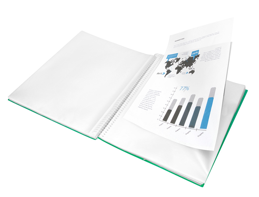 PROTÈGE-DOCUMENTS LIDERPAPEL POLYPROPYLÈNE COUVERTURE RIGIDE SPIRALE 80 POCHETTES FIXES A4 210X297MM COLORIS VERT