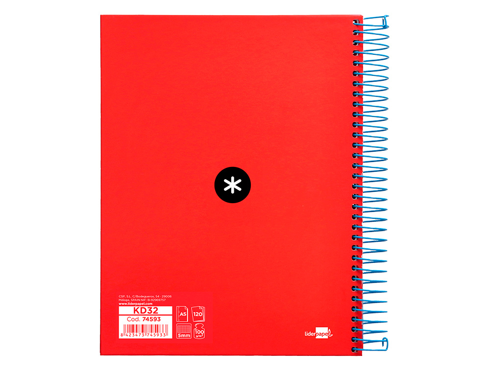 CAHIER SPIRALE ANTARTIK A5 240P 90G COUVERTURE REMBORDEE QUADRILLAGE 5MM 6 TROUS COIL-LOCK COLORIS ROUGE