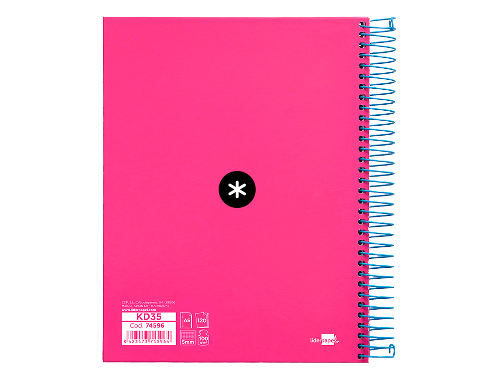 CAHIER SPIRALE ANTARTIK A5 240P 90G COUVERTURE REMBORDEE QUADRILLAGE 5MM 6 TROUS COIL-LOCK COLORIS ROSE FLUO