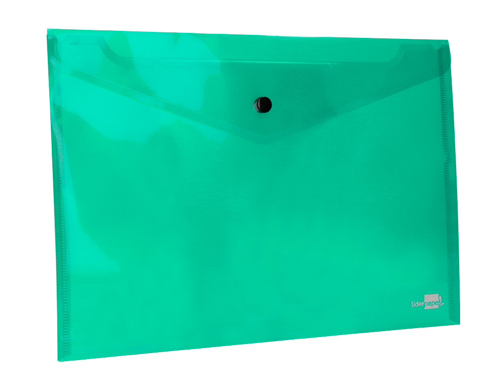 POCHETTE ENVELOPPE LIDERPAPEL POLYPROPYLÈNE 180 MICRONS A4 297X210MM 50F FERMETURE BOUTON RÉSISTANT TRANSPARENT VERT