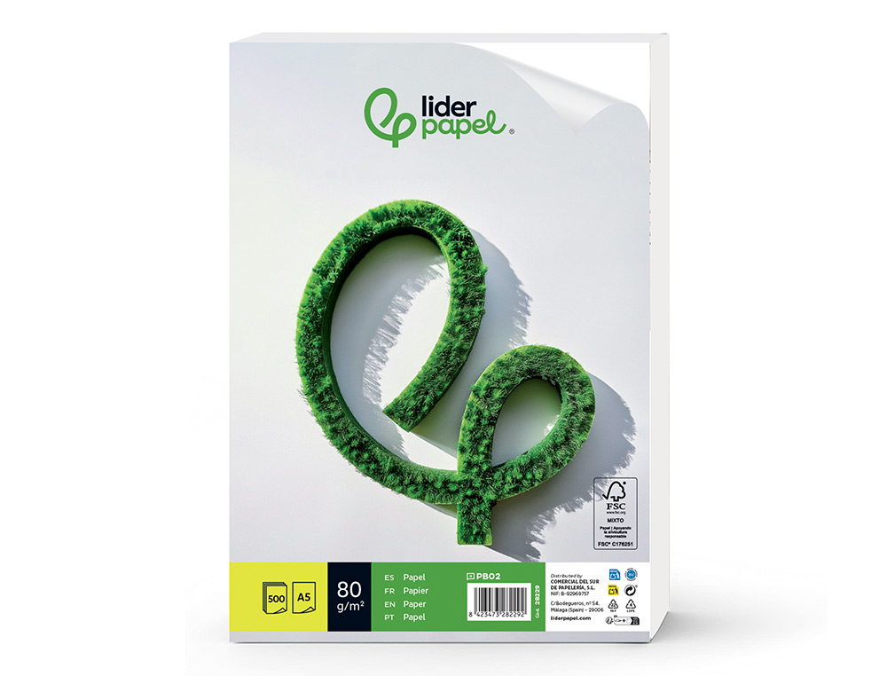 PAPIER ÉCRITURE LIDERPAPEL A5 148X210MM BLANCHEUR EXTRA OPACITÉ 80G/M2 PAQUET 500 FEUILLES