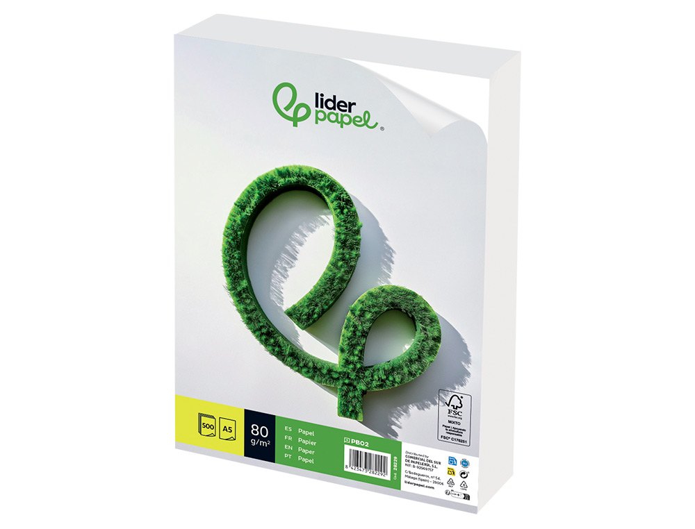 PAPIER ÉCRITURE LIDERPAPEL A5 148X210MM BLANCHEUR EXTRA OPACITÉ 80G/M2 PAQUET 500 FEUILLES