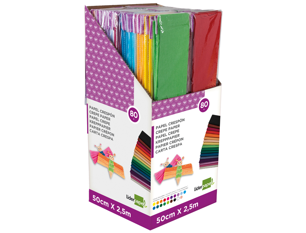 PAPIER CRÉPON CELLOPHANE LIDERPAPEL 50CMX2.50M PRÉSENTOIRE 80U COLORIS ASSORTIS