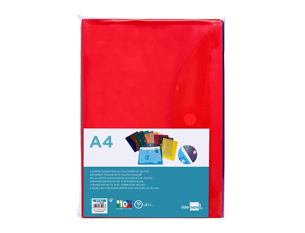 POCHETTE ENVELOPPE LIDERPAPEL POLYPROPYLNE 180 MICRONS A4 297X210MM FERMETURE VELCRO COLORIS ASSORTIS PACK 12 UNITS