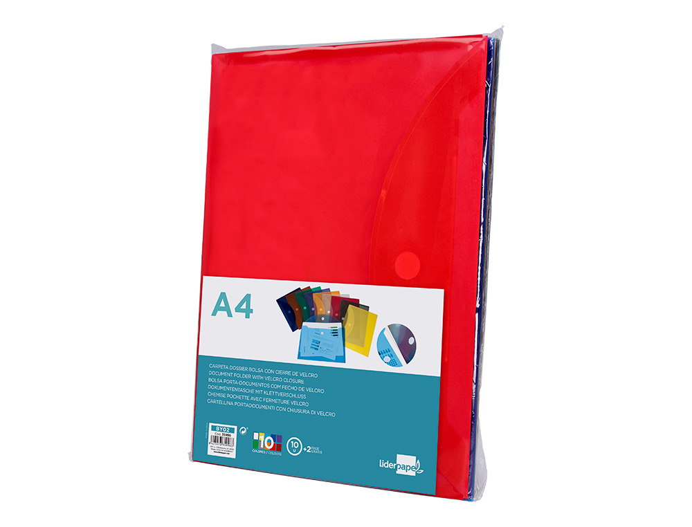 POCHETTE ENVELOPPE LIDERPAPEL POLYPROPYLNE 180 MICRONS A4 297X210MM FERMETURE VELCRO COLORIS ASSORTIS PACK 12 UNITS