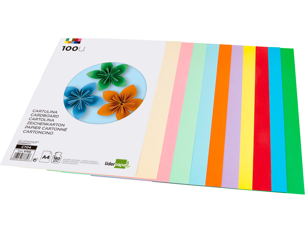 PAPIER CARTONNÉ LIDERPAPEL A4 180G/M2 10 COLORIS ASSORTIS PAQUET 100F