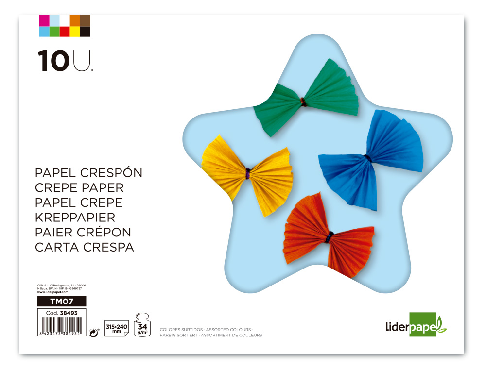PAPIER CRPON LIDERPAPEL 34G/M2 FORMAT A4+ 240X315MM 10 COLORIS ASSORTIS BLOC 10 FEUILLES