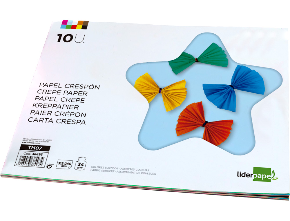 PAPIER CRPON LIDERPAPEL 34G/M2 FORMAT A4+ 240X315MM 10 COLORIS ASSORTIS BLOC 10 FEUILLES