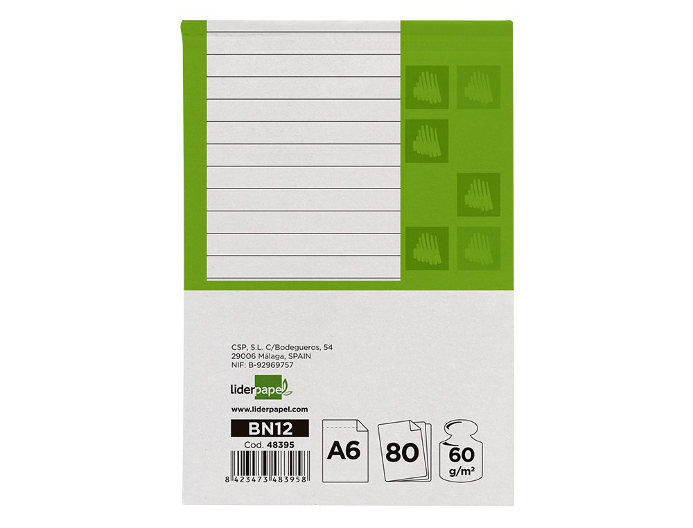 BLOC NOTES LIDERPAPEL PERFOR LIGN A6 148X105MM PAYSAGE COUVERTURE CARTON IMPRIM 250G/M2 80F 60G/M2