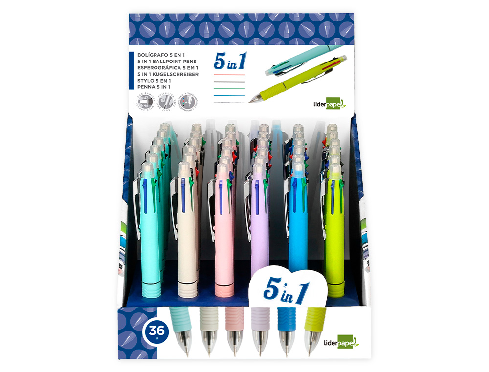 STYLO-BILLE LIDERPAPEL 5 EN 1 POINTE 0.5MM TRAIT 0.7MM RTRACTABLE 4 COULEURS D'ENCRE PORTE-MINE 0.5MM GOMME