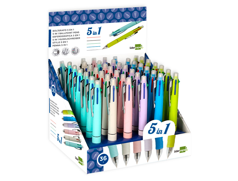 STYLO-BILLE LIDERPAPEL 5 EN 1 POINTE 0.5MM TRAIT 0.7MM RTRACTABLE 4 COULEURS D'ENCRE PORTE-MINE 0.5MM GOMME