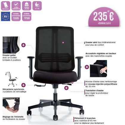 FAUTEUIL ERGONOMIQUE ELYSON   RESILLE - 3 POSITIONS BLOCAGE NOIR ACCOUD REGL DT 3.57EEC