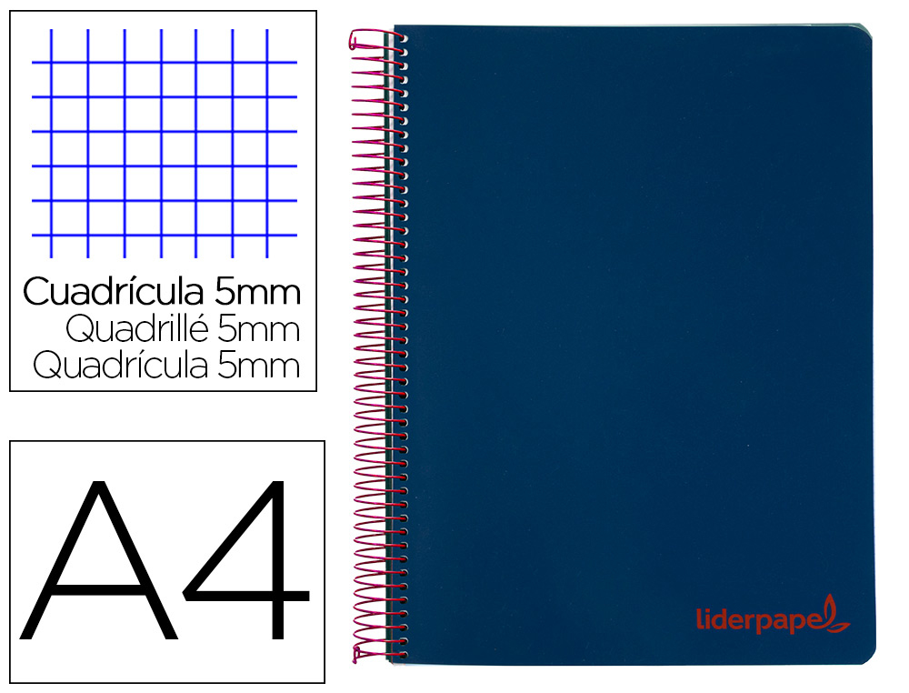CAHIER SPIRALE LIDERPAPEL A4 MICRO WONDER 240 PAGES 90G    5X5MM 4 TROUS 5 BANDES        COULEURS BLEU MARINE