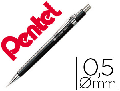 PORTE-MINE PENTEL P200 0.5MM EMBOUT ET AGRAFE MTALLIQUES CANON FIXE LONGUEUR 4 MM GOMME RECHARGEABLE CORPS NOIR