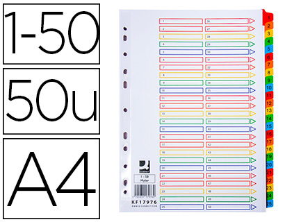 INTERCALAIRE Q-CONNECT NUMÉRIQUE PLASTIQUE 25 POSITIONS A4 210X297MM CARTE MYLAR 50 TOUCHES