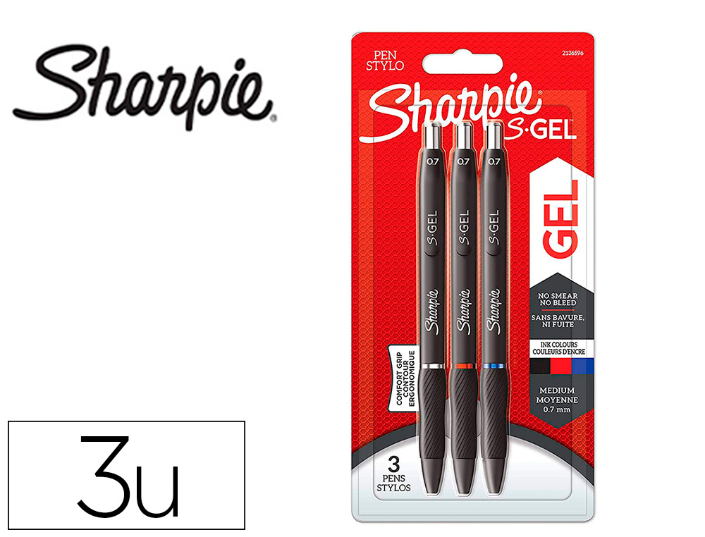 STYLO GEL SHARPIE GEL POINTE MOYENNE 0.7MM COULEUR         ASSORTIES BLISTER DE 3