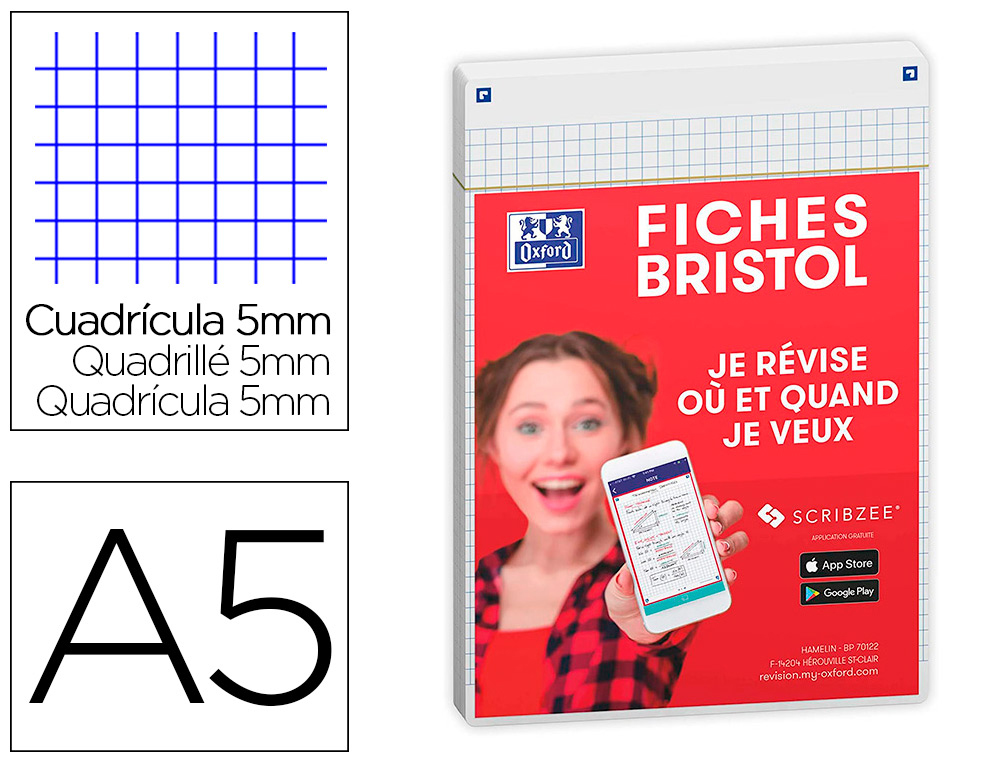 FCIHES BRISTOL OXFORD REVISION 2.0 A5 PERFOREE 32   FICHES/FILM  Q5X5 CADRE BLANC