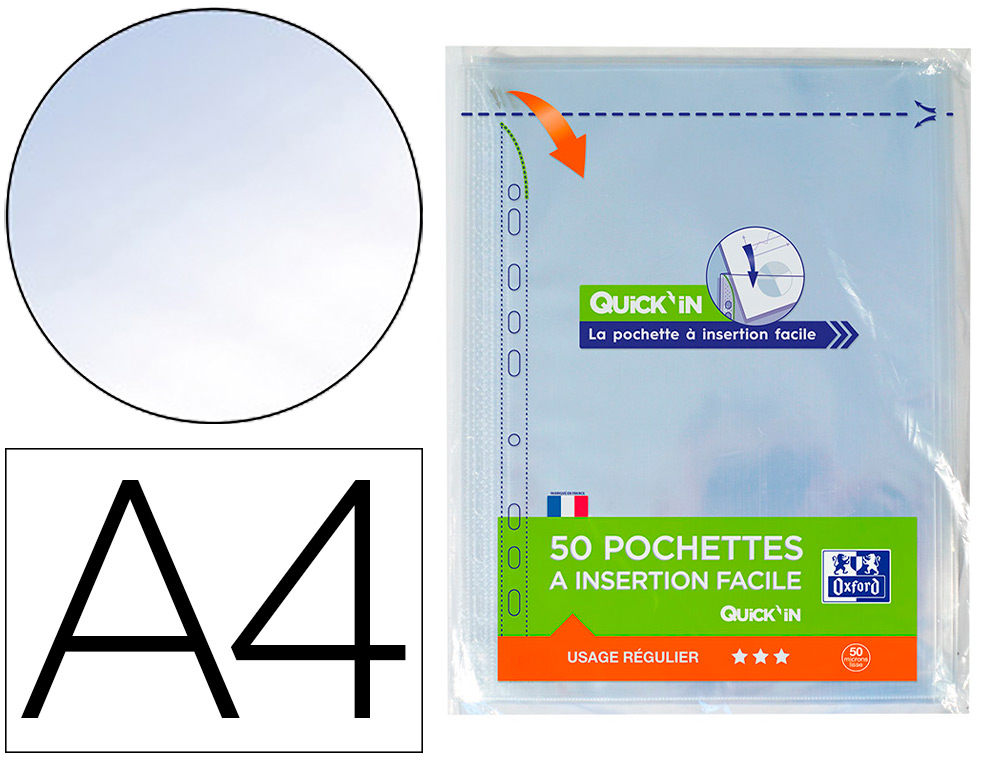 50 POCHETTE PERFOREE OXFORD QUICKIN SACH A4 POLYPROPYLENE 50MICRONS LISSE INCOLORE