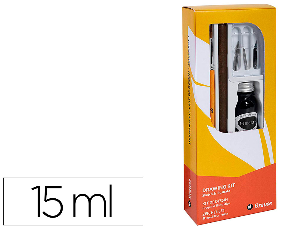 COFFRET PLUMES-DESSIN BRAUSE COMPOS  DE 1 PLUME EN BOIS 3  PLUMES 1 PINCEAU 1 FLACON     D'ENCRE NOIRE 15ML