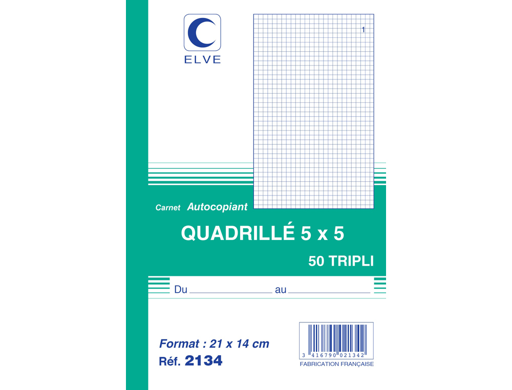MANIFOLD AUTOCOPIANT ELVE 140X210MM QUADRILL 5X5 FOLIOTAGE 50 TRIPLIS