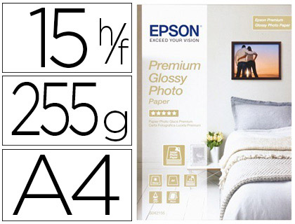 PAPIER PHOTO EPSON JET D'ENCRE PREMIUM GLOSSY GLACÉ SUPER BRILLANT A4 255G/M2 PAQUET 15 FEUILLES