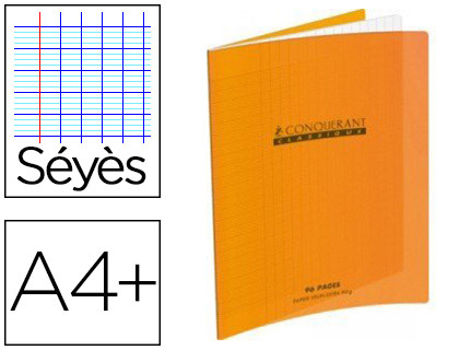 CAHIER PIQUÉ CONQUÉRANT CLASSIQUE COUVERTURE POLYPROPYLÈNE RIGIDE TRANSPARENT A4+ 24X32CM 48 PAGES 90G SÉYÈS ORANGE