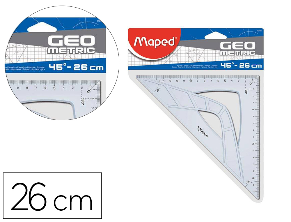 EQUERRE MAPED GEOMETRIC 45 HYPOTENUSE 26CM PLASTIQUE     RECYCLE COLORIS TRANSPARENT   SACHET INDIVIDUEL