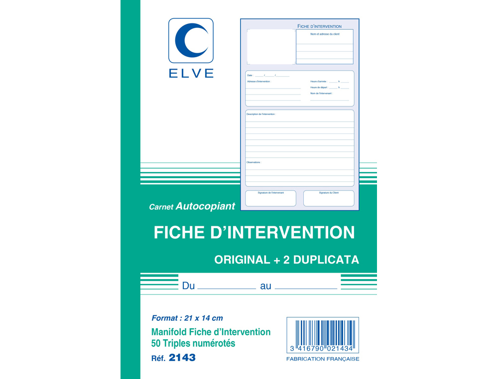 CARNET ELVE FICHES INTERVENTION 21X14CM 50 FEUILLETS NUMROTS EN TRIPLI ORIGINAL + 2 DUPLICATA
