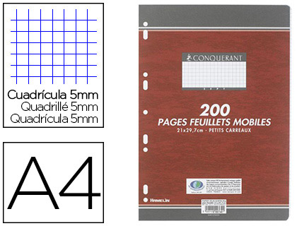 FEUILLET MOBILE CONQURANT SEPT A4 210X297MM 200 PAGES 90G 5x5MM PERFOR COLORIS BLANC