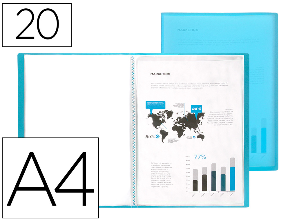 PROTGE-DOCUMENTS LIDERPAPEL POLYPROPYLNE COUVERTURE FLEXIBLE 20 POCHETTES FIXES COLORIS BLEU TRANSLUCIDE