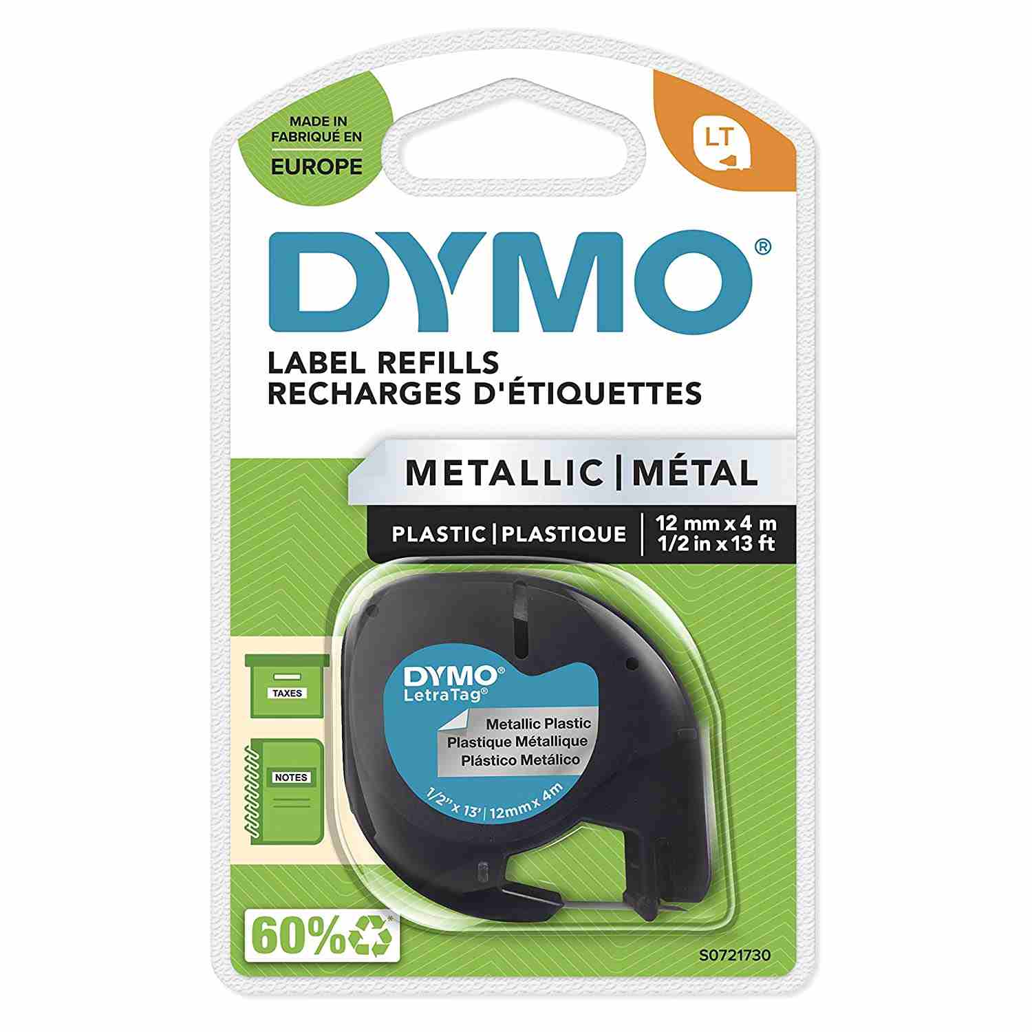 RUBAN LETRATAG METALLIQUE     12MMX4M NOIR SUR ARGENT